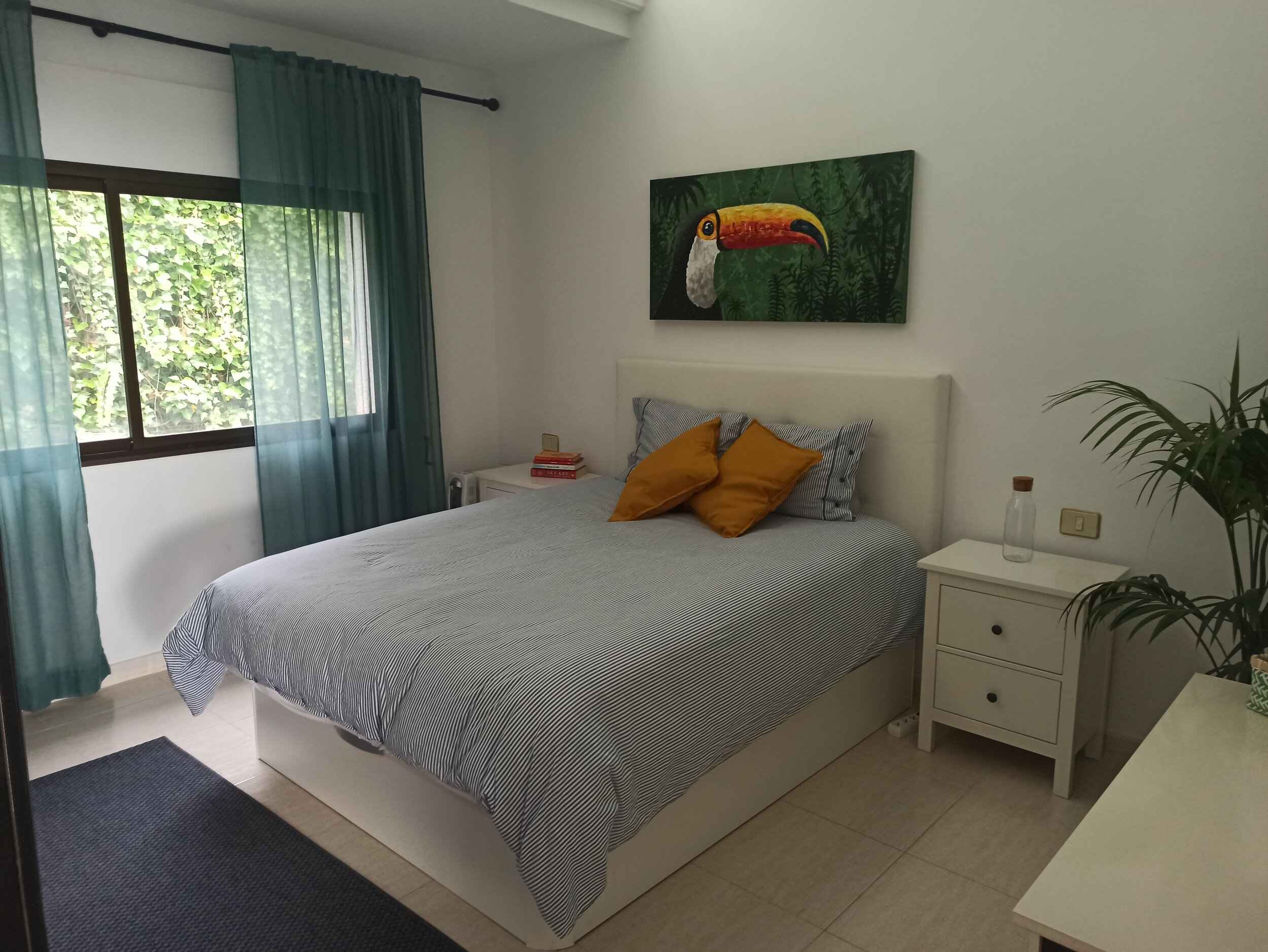 Enjoy the peaceful Tucan Room and wake up to the singing of birds in the lush green backyard. This spacious room with high ceilings and lovely natural light shares a bathroom with one other room.